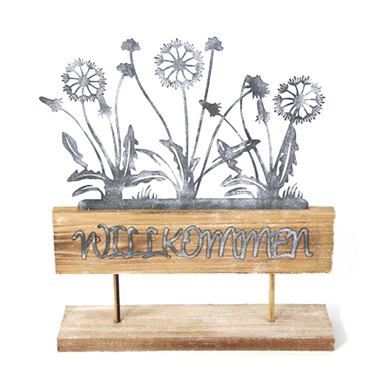 Dekoobjekt Blumenkasten Willkommen shabby chic, filigrane Zinkblumen auf  Holzständer, 32x28cm