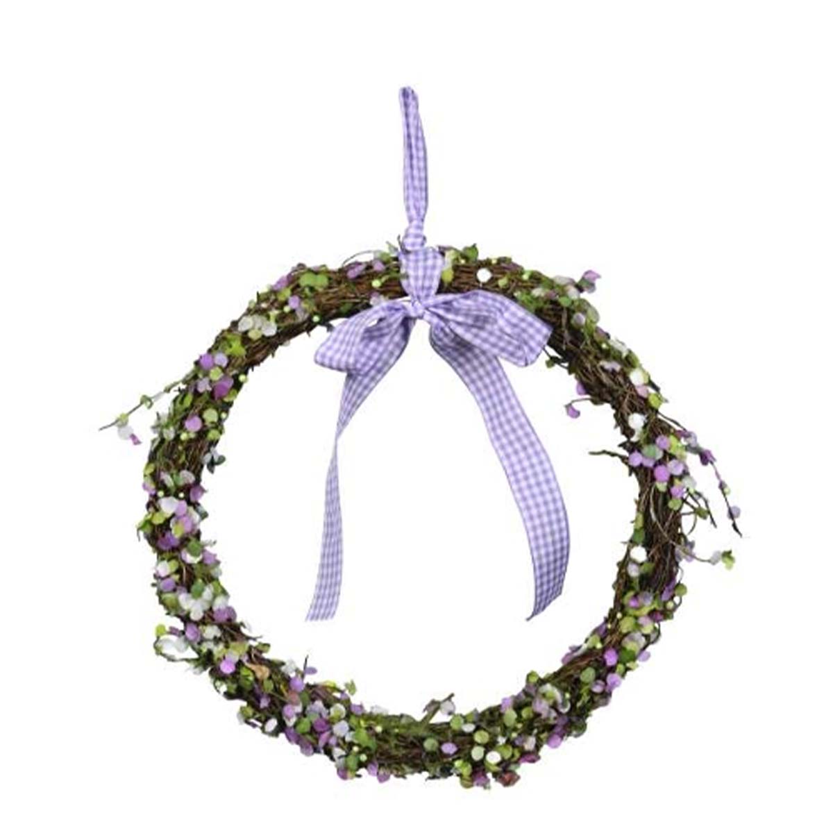 Deko Kranz zum Hängen, grüner Blätterkranz mit Schleife lila, 22cm