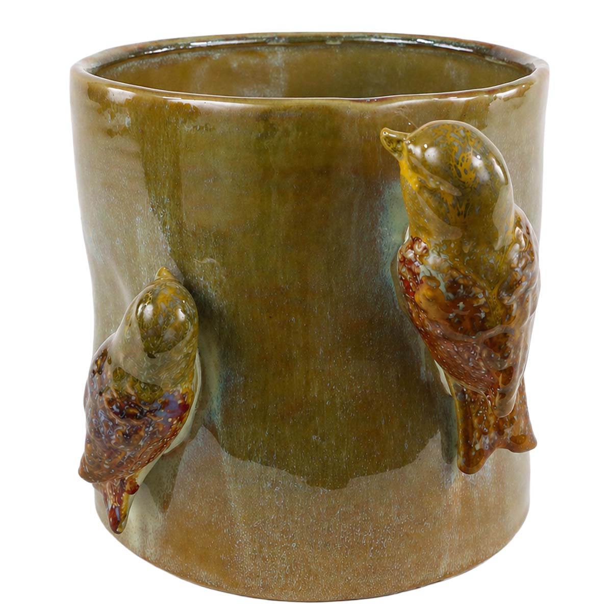 Deko Übertopf aus glasierter Keramik, Pflanztopf mit Vögel, Grünbrauntöne, 19cm