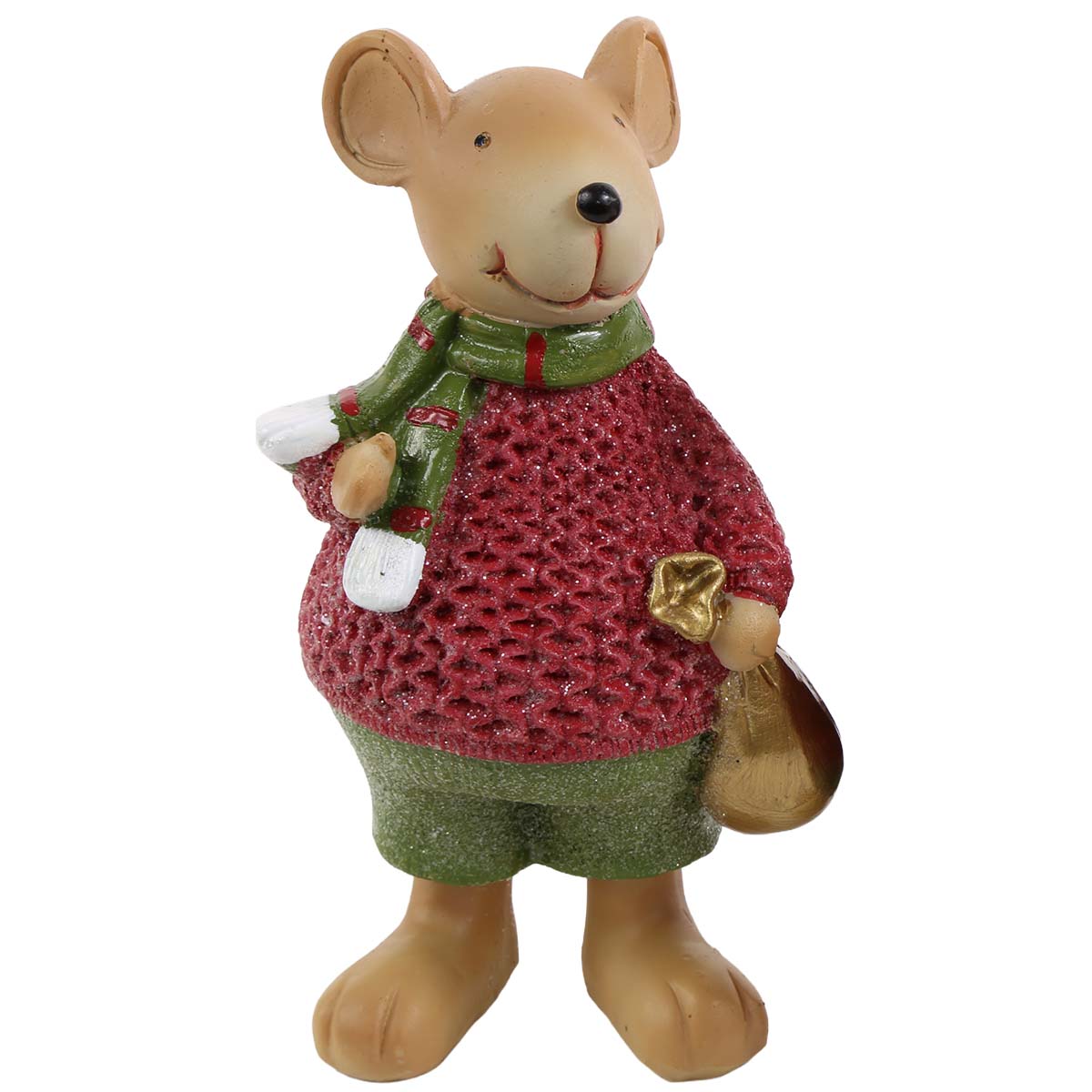 Deko Weihnachtsmaus, fröhlicher Mäuserich mit Stickpulli, Schal und Sack, 13cm
