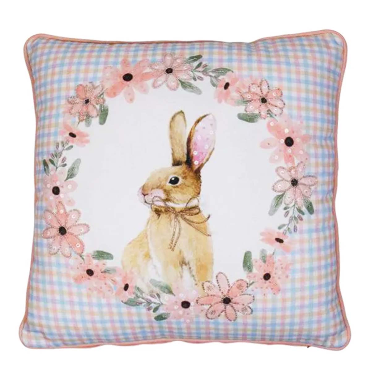 Baumwoll Kissen Hasen, Kaninchen im Blumenkranz, hellblau/rosa kariert, 45x45cm, Mars & More