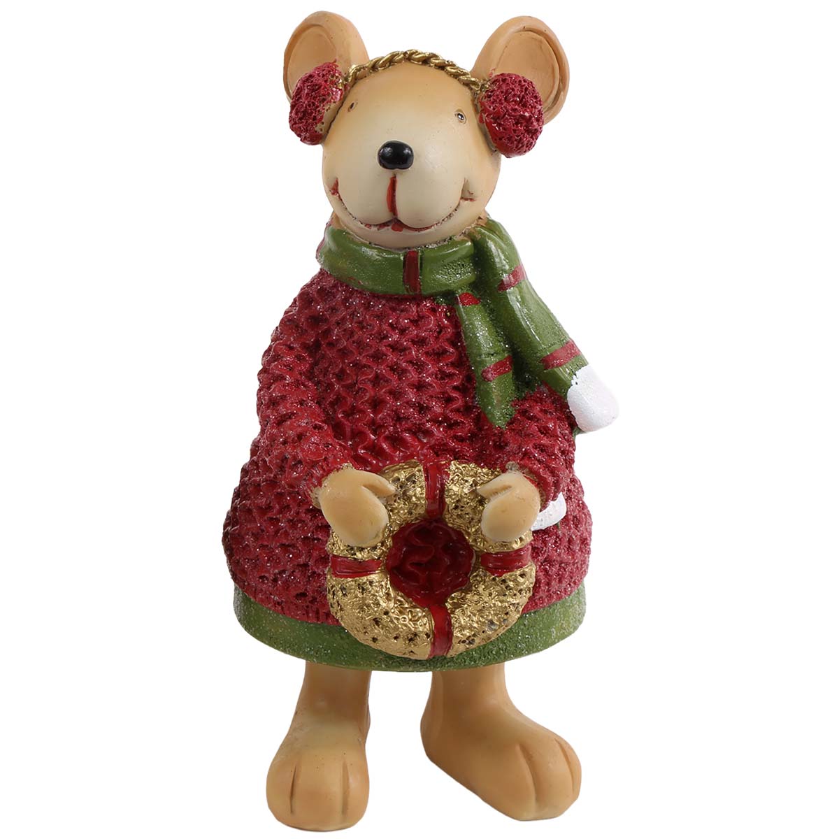 Deko Weihnachtsmaus, fröhliche Maus mit Stickkleid, Schal und Ohrschützer, 13cm