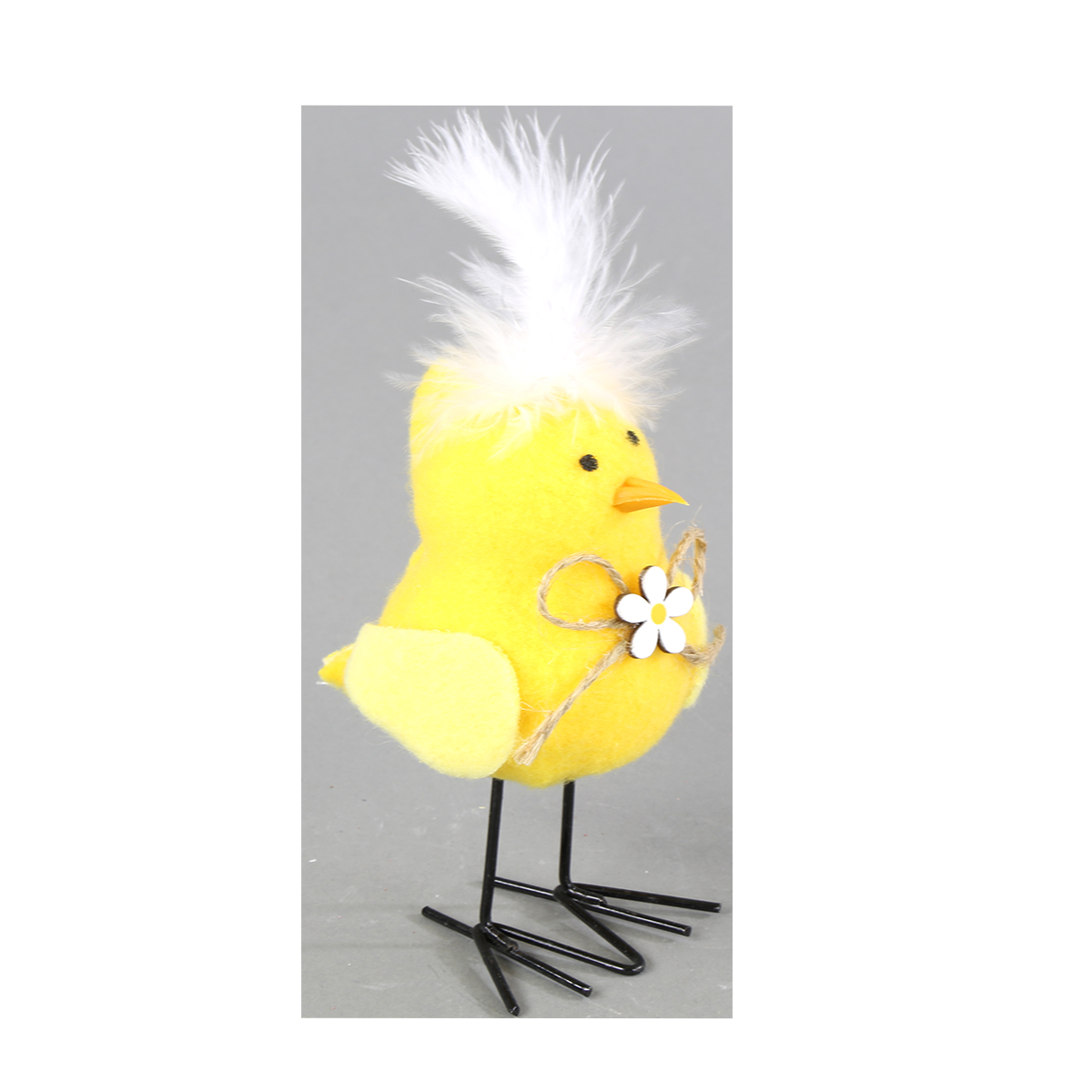 Deko Küken, kleines gelbes Plüschküken mit Blume und Feder, 7x13cm