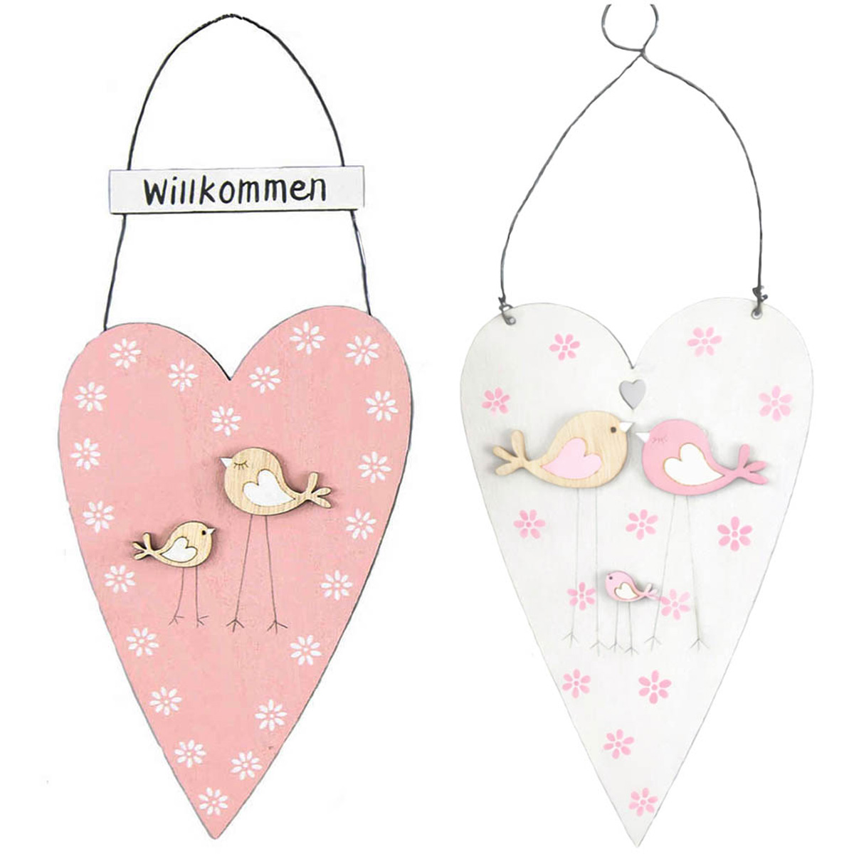 Deko Herz Willkommen, Holzherz rosa oder weiß used look, mit Vögel und Blumen