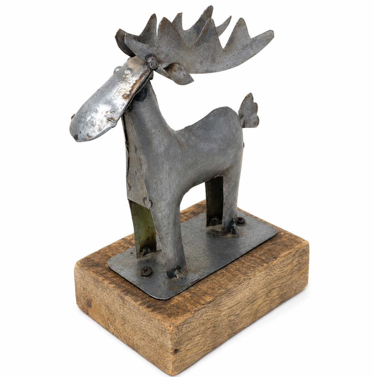 Rentier used look, rustikaler Metallhirsch auf Holzklotz, 20cm