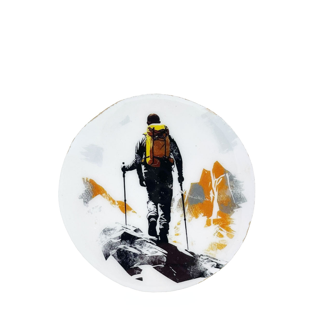 Deko Untersetzer Tourengeher, Holzuntersetzer mit Lackküberzug und Bergmotiv mit Bergwanderer, Ø10cm. 4St/Pck