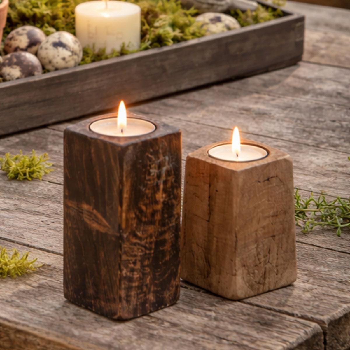 Kerzenständer Altholz, kleine rustikale Holzsäule für Teelichte oder Stumpenkerzen, 10cm, WMG Grünberger