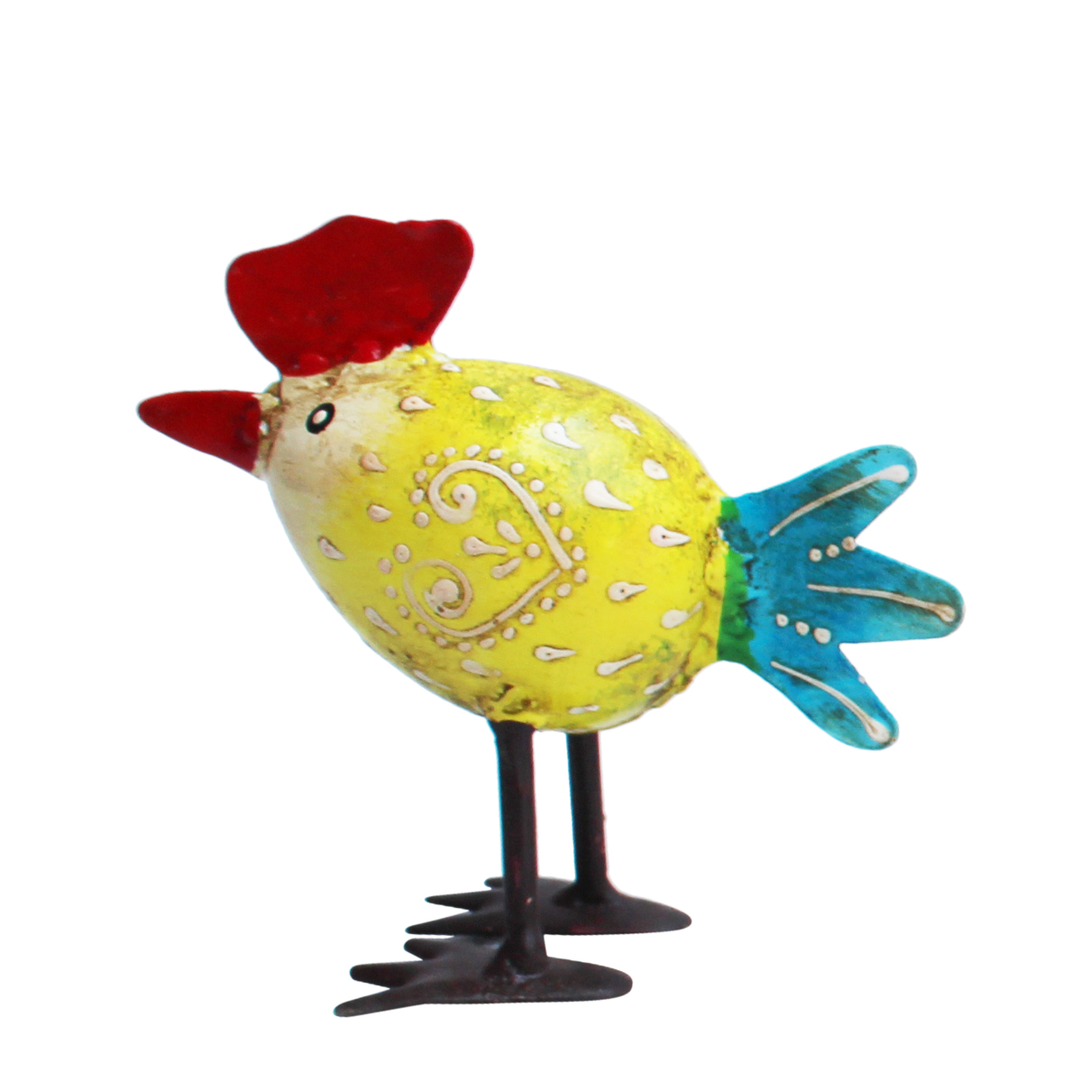 Deko Hahn eiform, kleiner Metallhahn gelb mit blauem Schweif, 8x9cm