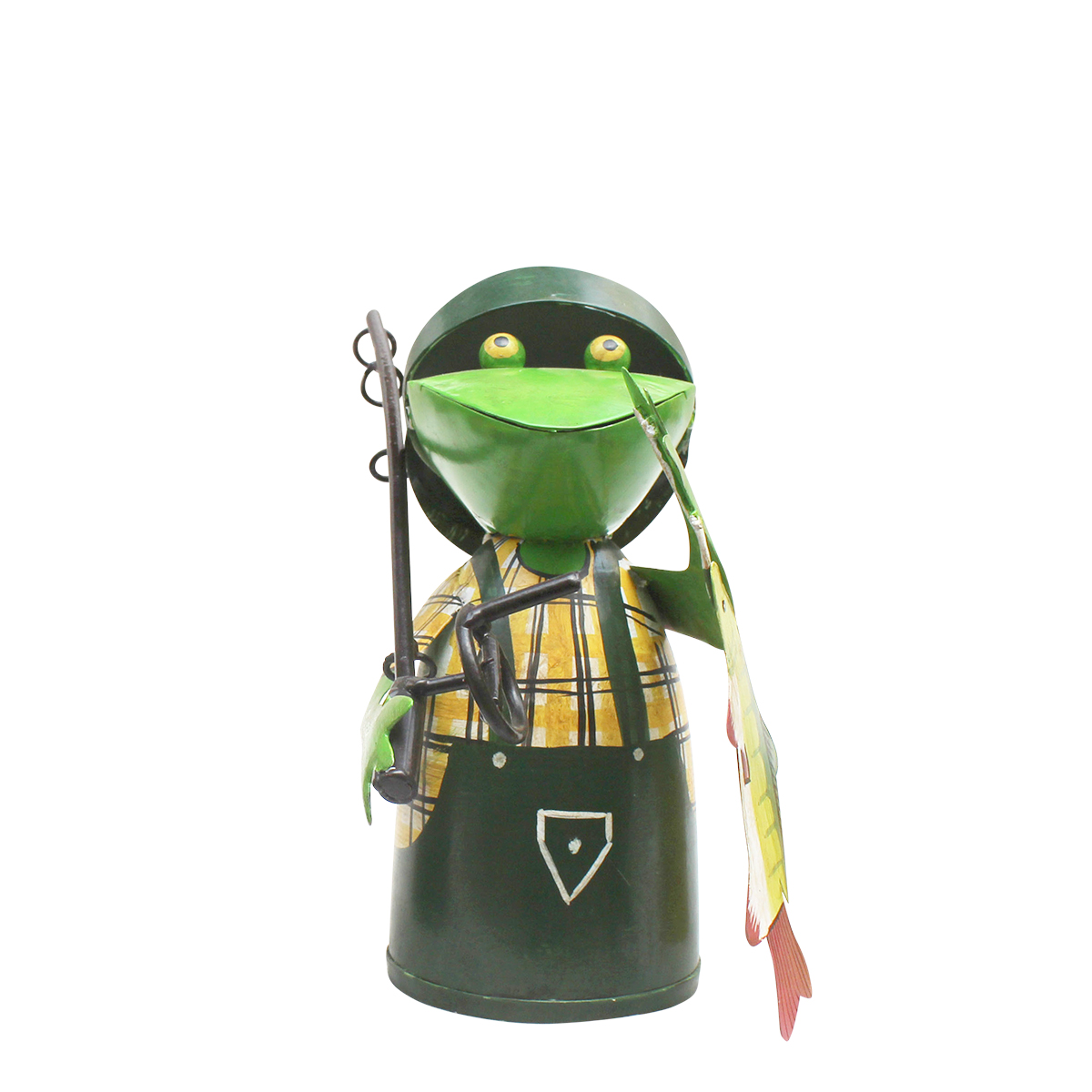 Zaunhocker Frosch Angler, Metallfrosch mit Angel und Fisch, grüne Schürze, 25cm