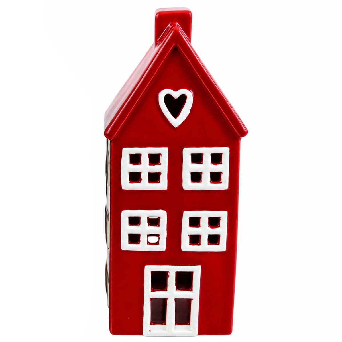 Windlicht Haus rot-weiß, putziges großes Keramikhaus mit Herz, 17cm
