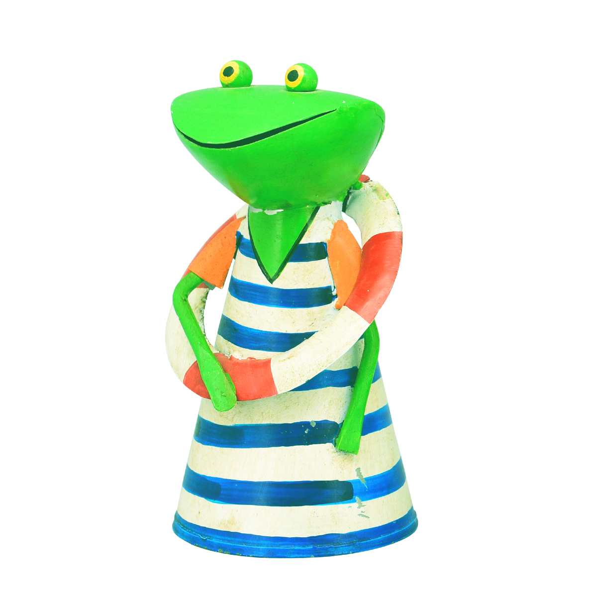 Zaunhocker Frosch mit Badekleid blau geringelt, Metallfrosch mit Schwimmreifen, 20cm