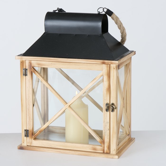 Holz Laterne Moritz mit Metalldach und Juteseil, 41x19cm, Boltze