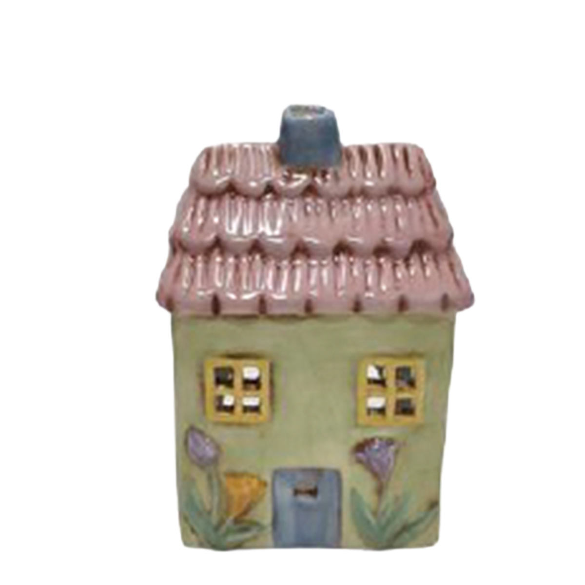 Windlicht Haus grün, putziges Keramikhaus mit Blumen, 12cm