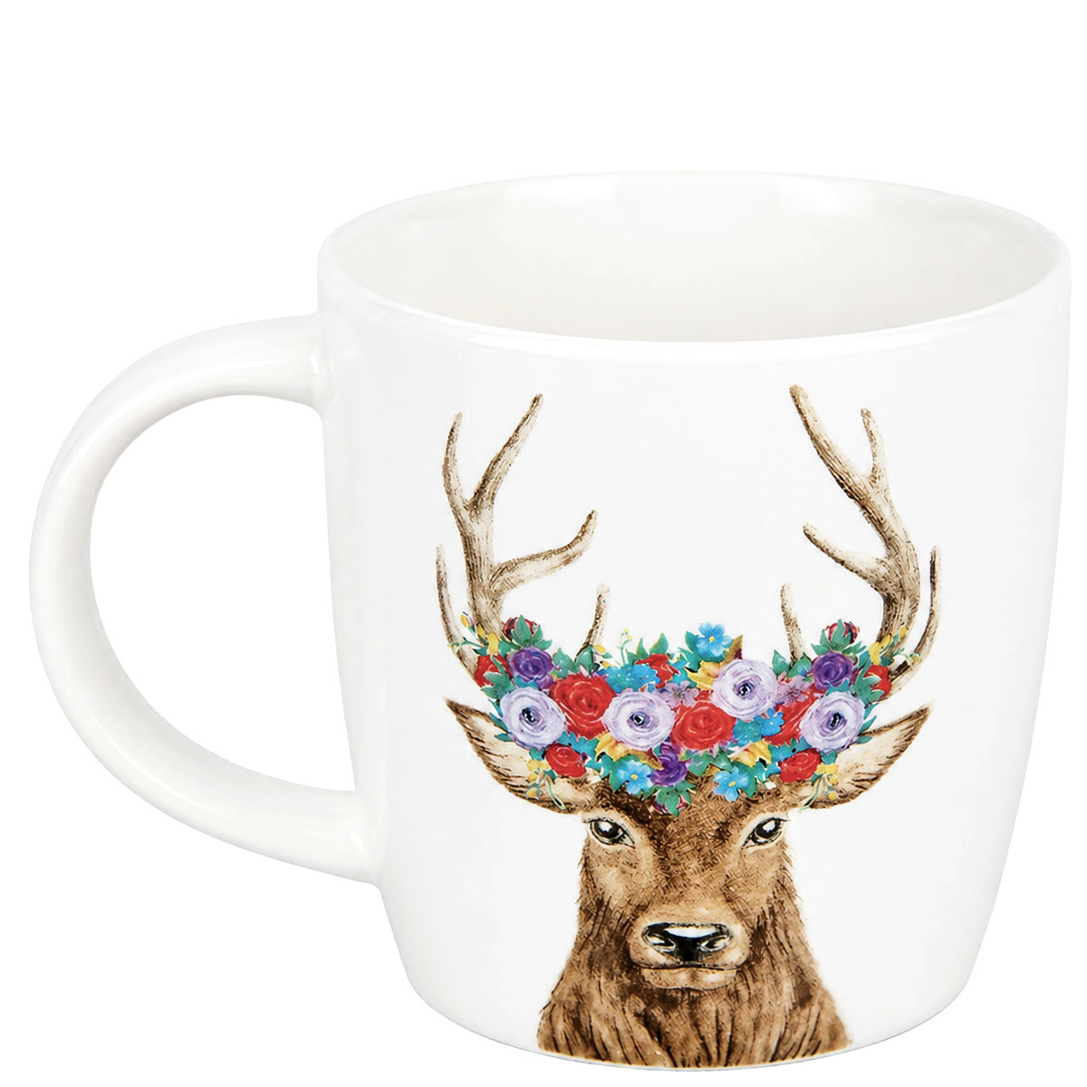 Tasse Hirsch mit Blumen, Henkelbecher mit Hirschkopf und Blumenkranz, Porzellantasse, 380ml, Gilde Handwerk