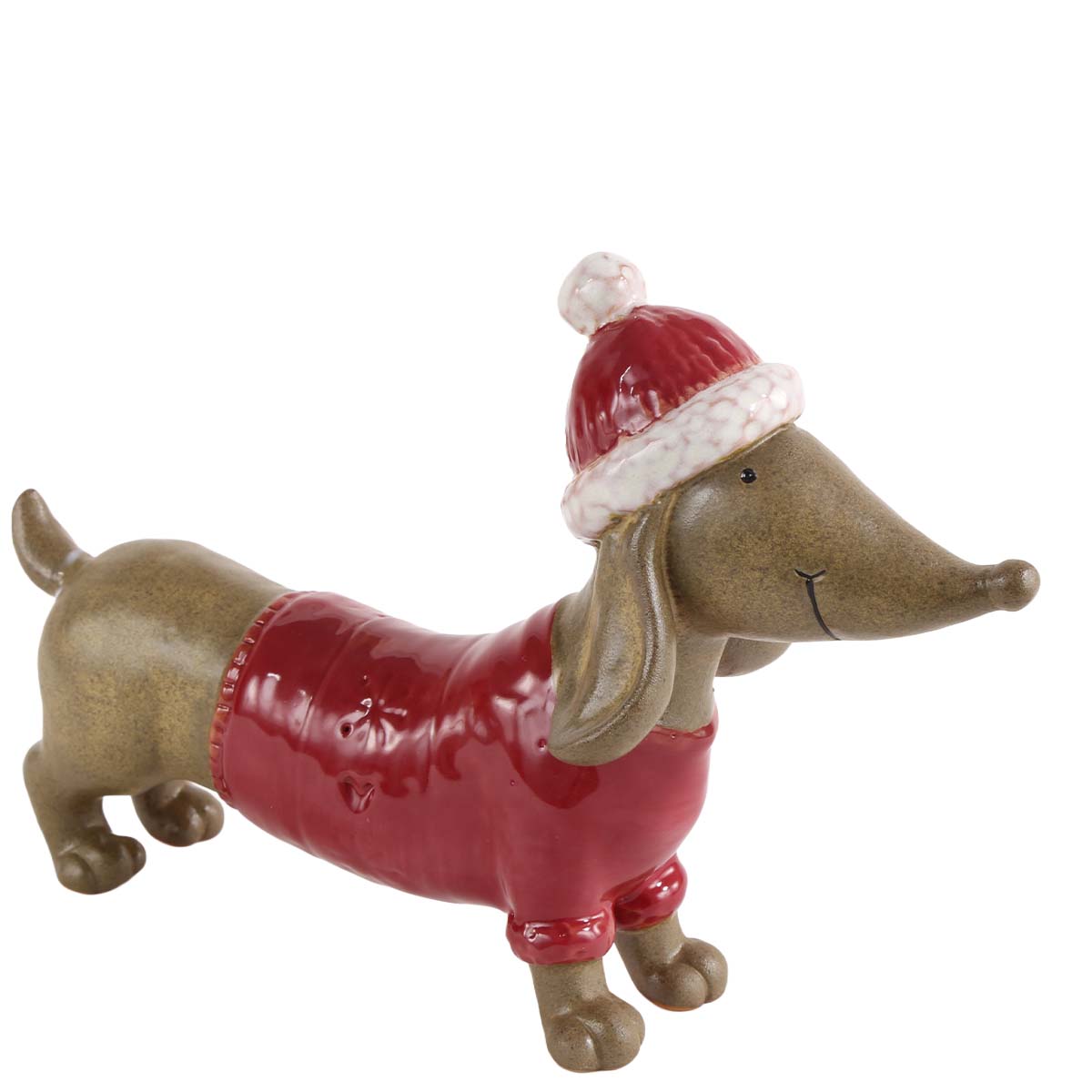 Deko Dackel mit rotem Pullover und Weihnachtsmütze, Keramikdackel, 19cm