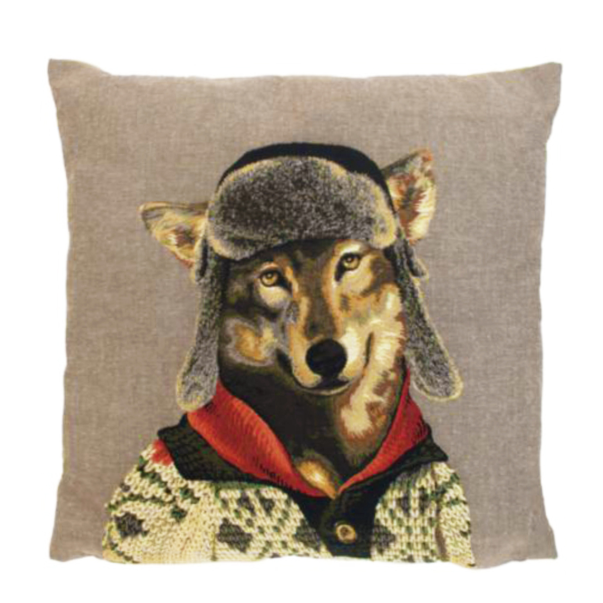 Gobelin Kissen Wolf, Nordic Wolf mit Fliegermütze und Pullover, 45x45cm, Mars & More