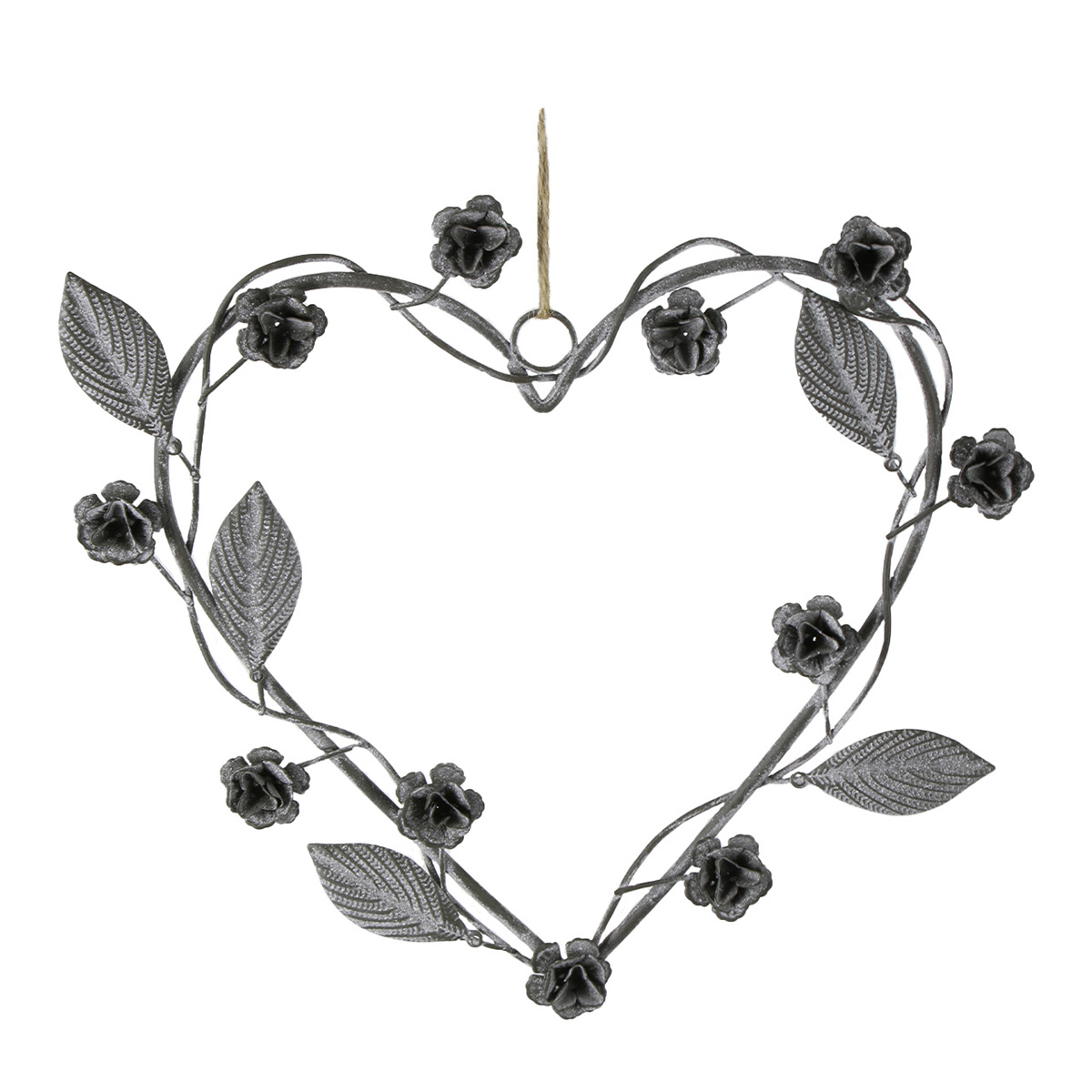 Deko Herz Rosen, filigranes Metallherz mit Rosenranken und Blätter, 23x20cm, Zink, Hänger 