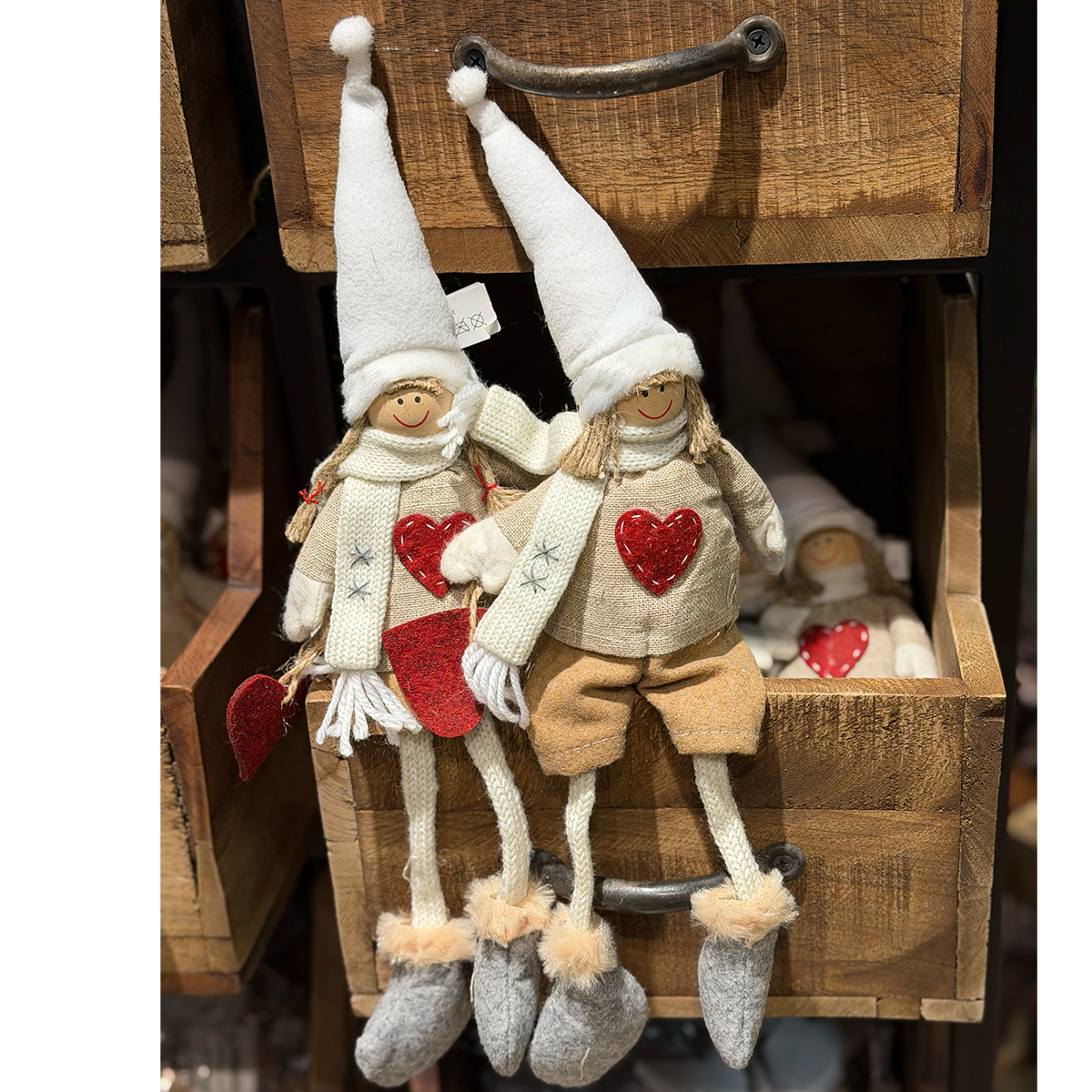 Deko Wichtel-Paar mit Herzpullover, Weihnachtspüppchen mit Bammelbeine, Set/2