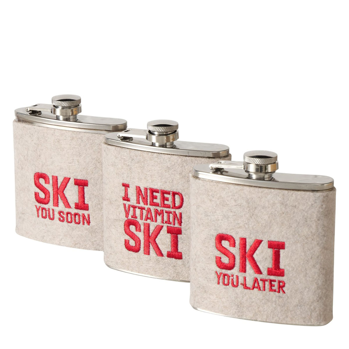 Flachmann Ski mit unterschiedlichen Sprüchen, Trinkflasche Skiing bestickt, 170ml, Boltze Home Colle