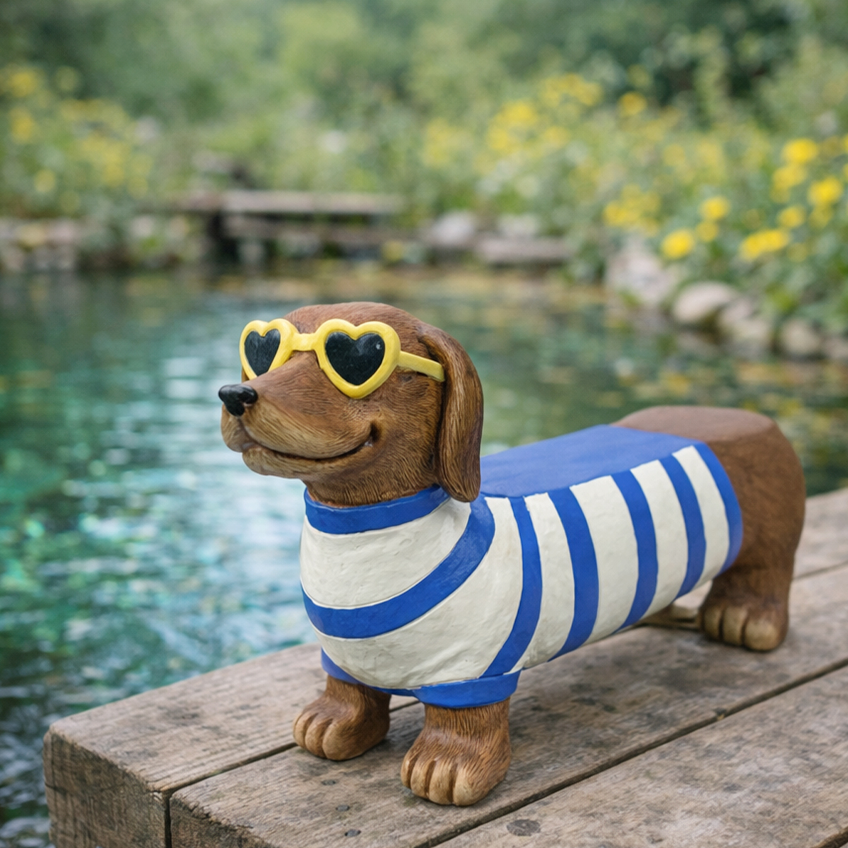 Dackel-Bank, langer Dackel mit Sonnenbrille und Ringelshirt blau-weiß, 75cm