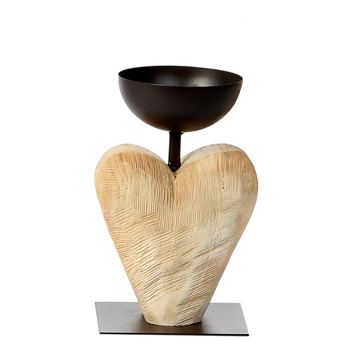 Deko Windlicht Holzherz mit Schale, Naturholz-Herz sägerau, auf Metallfuß, 20cm, WMG Grünberger