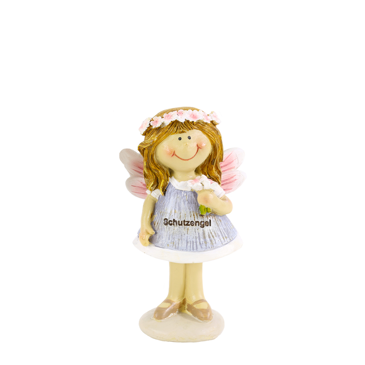 05365-2-Kopie Deko Schutzengel mit Blütenkranz und Blumenstrauß, rosa-grau, 9cm, Polyresin