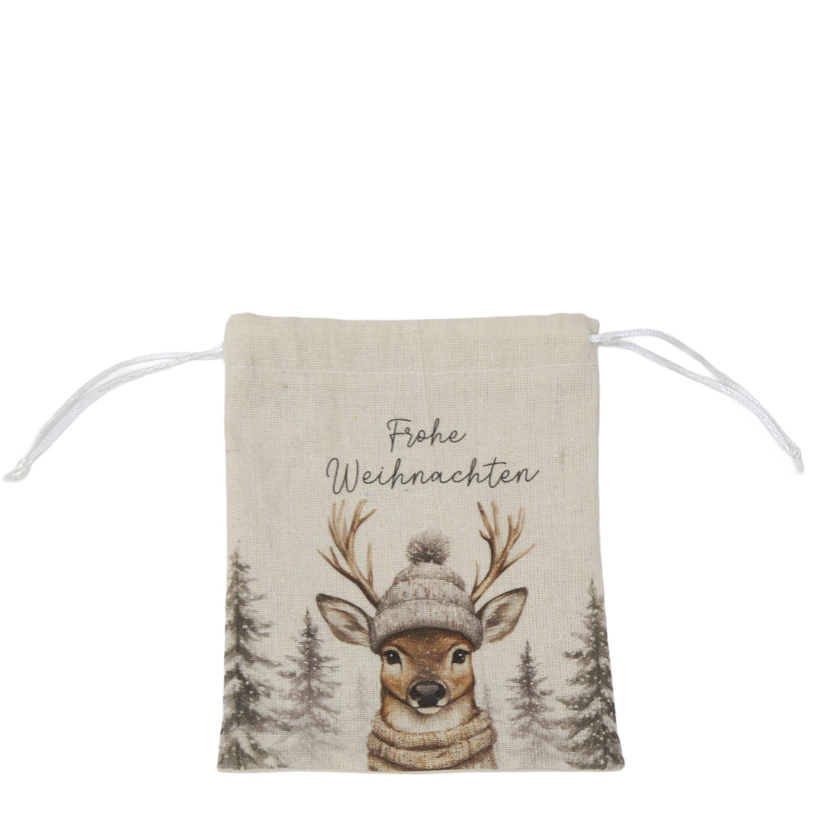 Stoffbeutel Frohe Weihnachten, Jutesäckchen mit Winter-Hirsch, 16x19cm