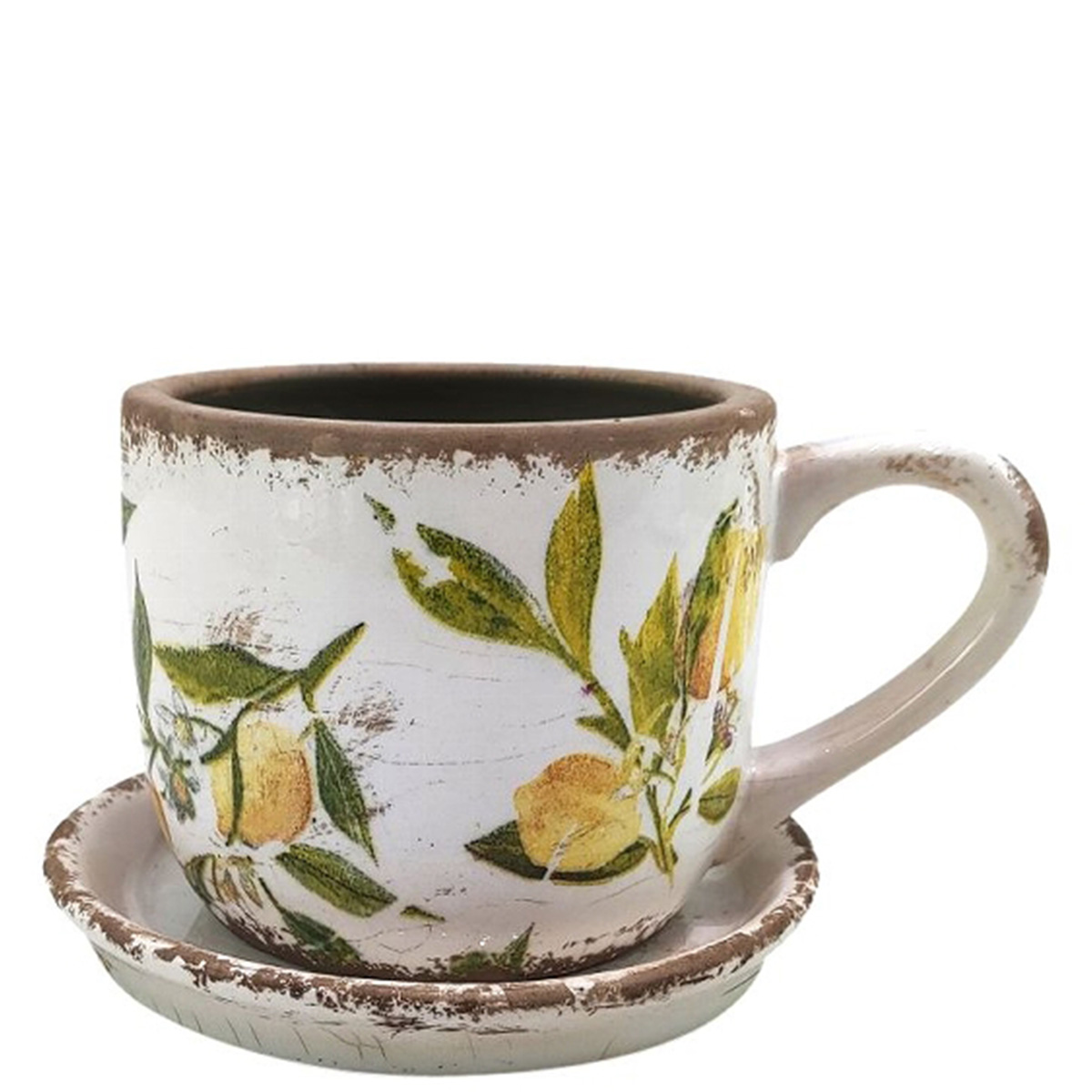 Pflanztasse mit Zitronenmotiv used look, Keramiktasse mit Unterteller, 14cm