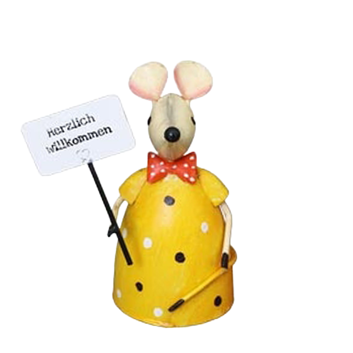 Zaunhocker Maus mit Schild, Metallmaus mit gelben Kleid, 22cm