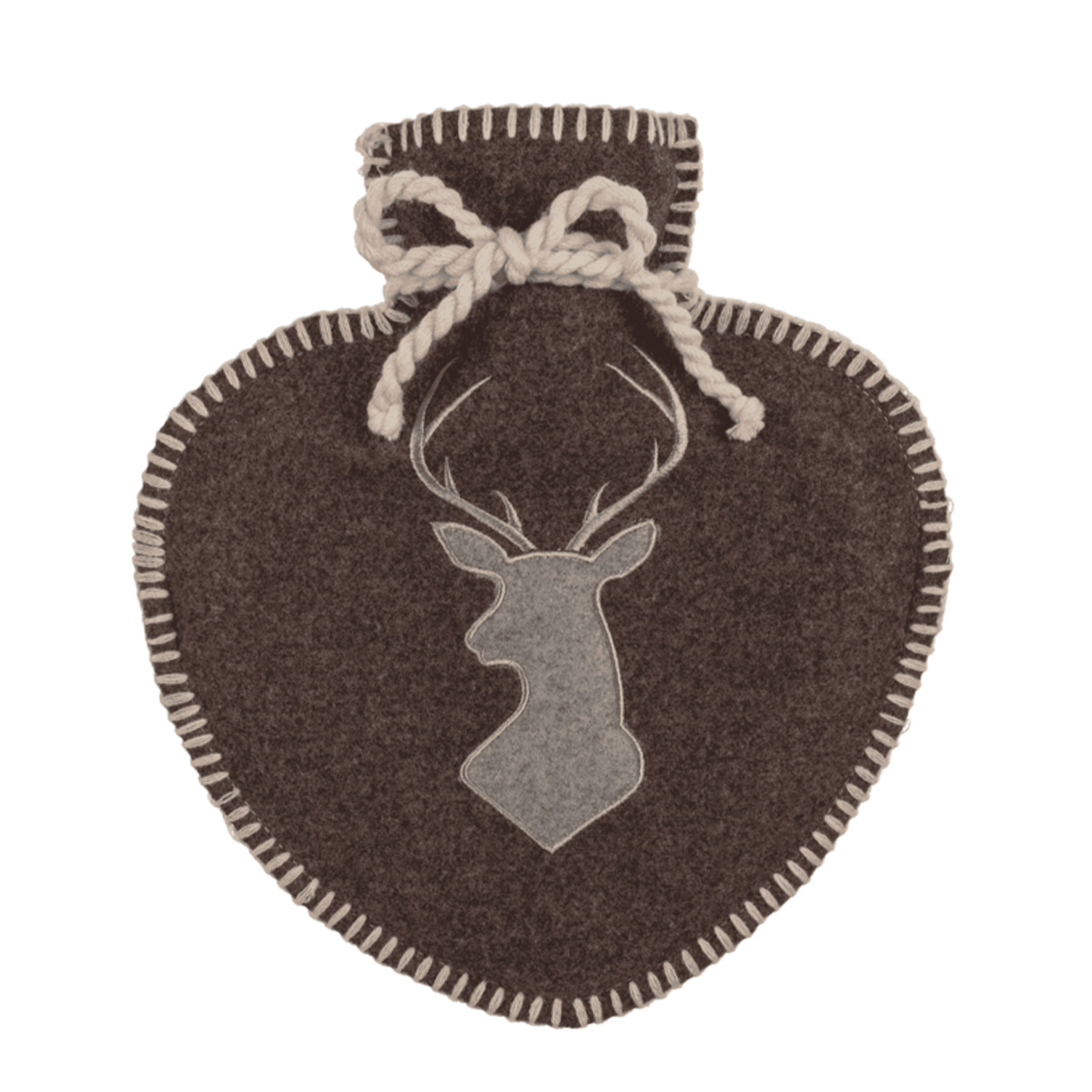 Wärmflasche Landhaus Hirsch, Herzform, Filzbezug mit Hirschmotiv und Kordel, braun-grau