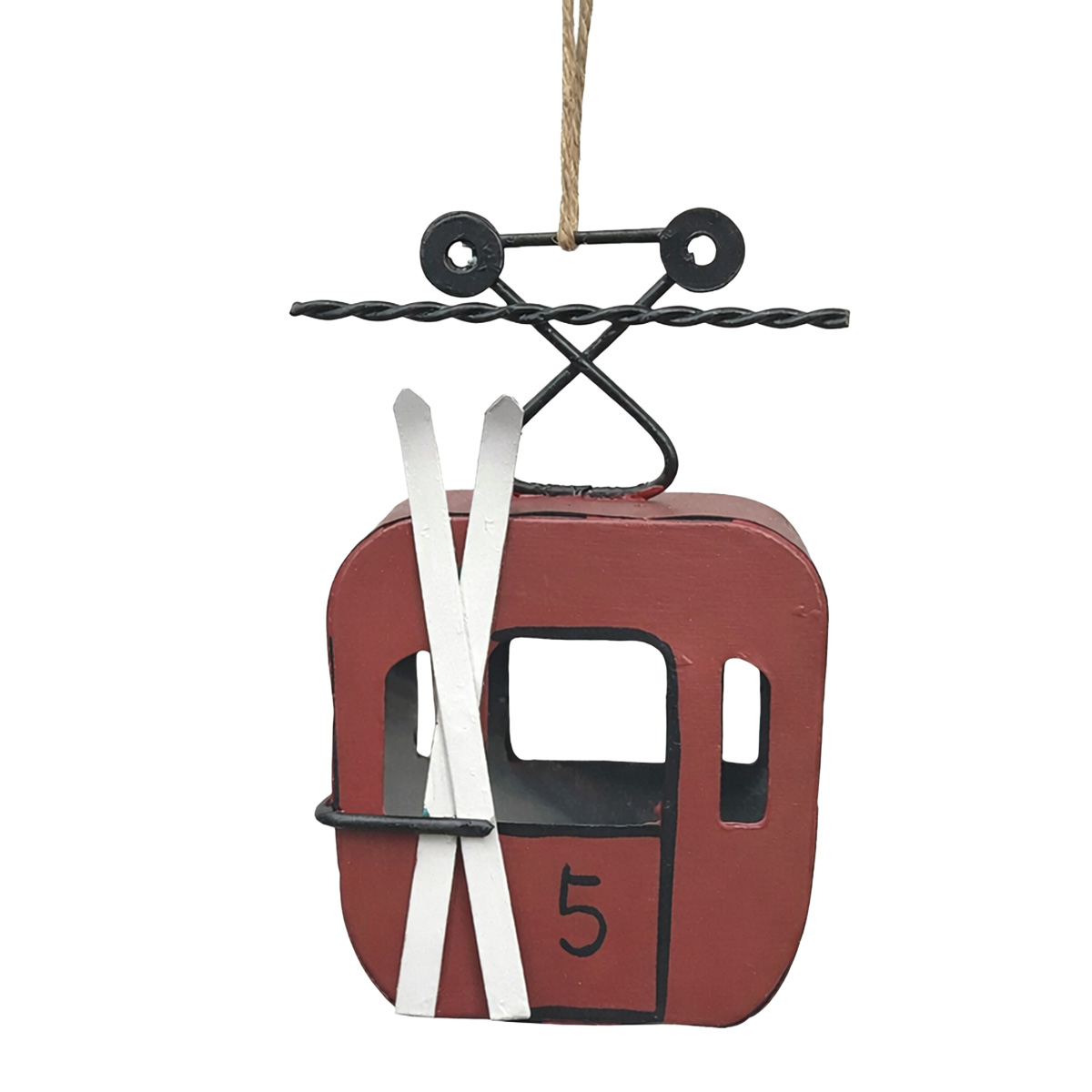Deko Gondel Nr 5 rot, weiße Ski, Seilbahn, Skigondel aus Metall, 8cm