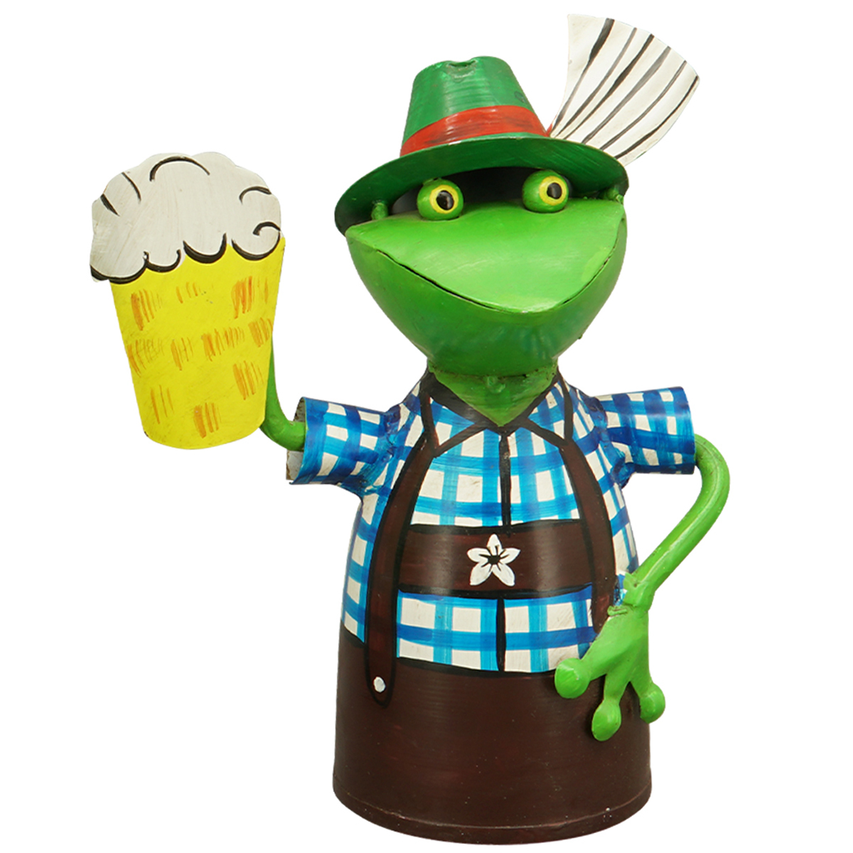 Zaunhocker Frosch Landhaus, Metallfrosch in Lederhose mit Bierkrug, 20cm