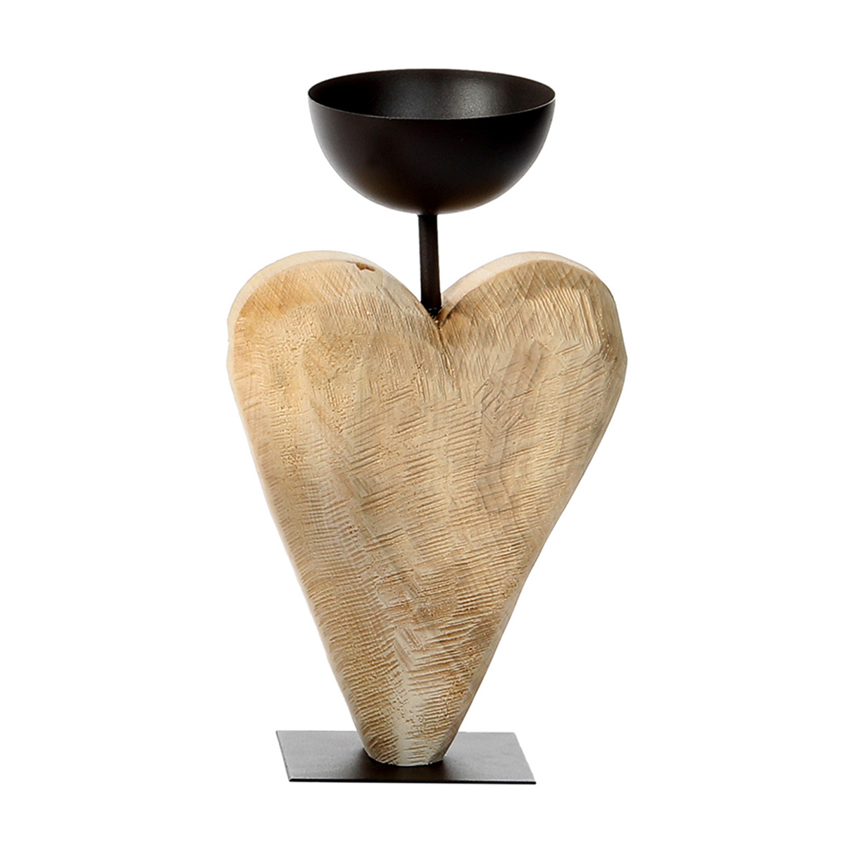 Deko Windlicht Holzherz mit Schale, Naturholz-Herz sägerau, auf Metallfuß, 31cm, WMG Grünberger
