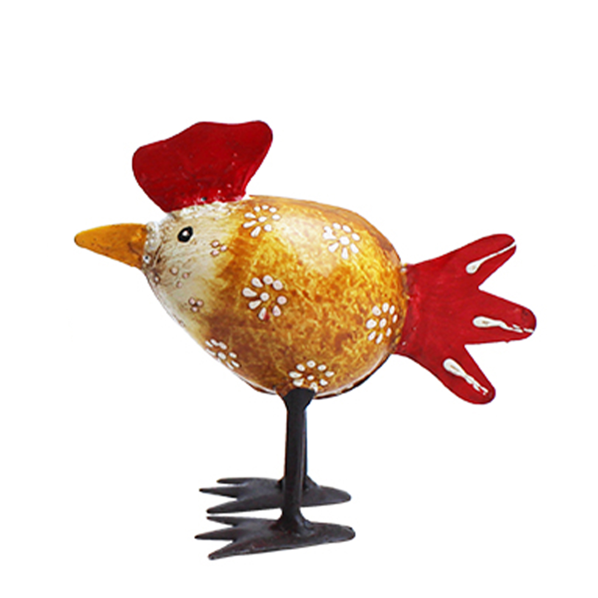 Deko Hahn eiform, kleiner Metallhahn orange mit rotem Schweif, 8x9cm