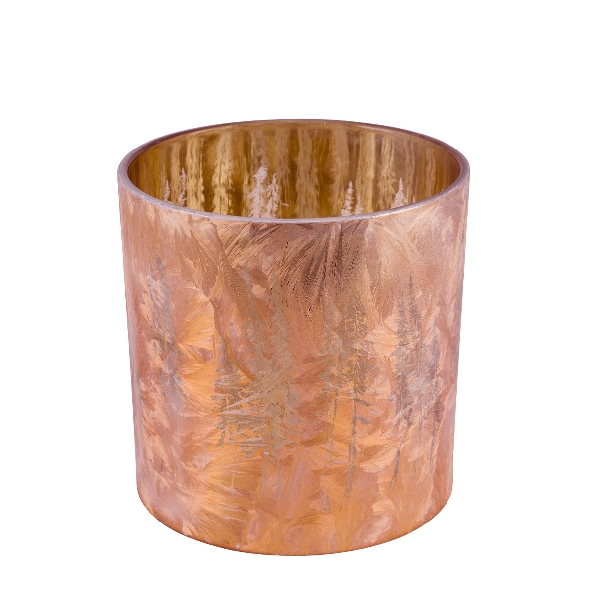 Windlicht Winterwald kupfer, Glaswindlicht mit Tannenbaum-Motiv, durchscheinend, 15cm