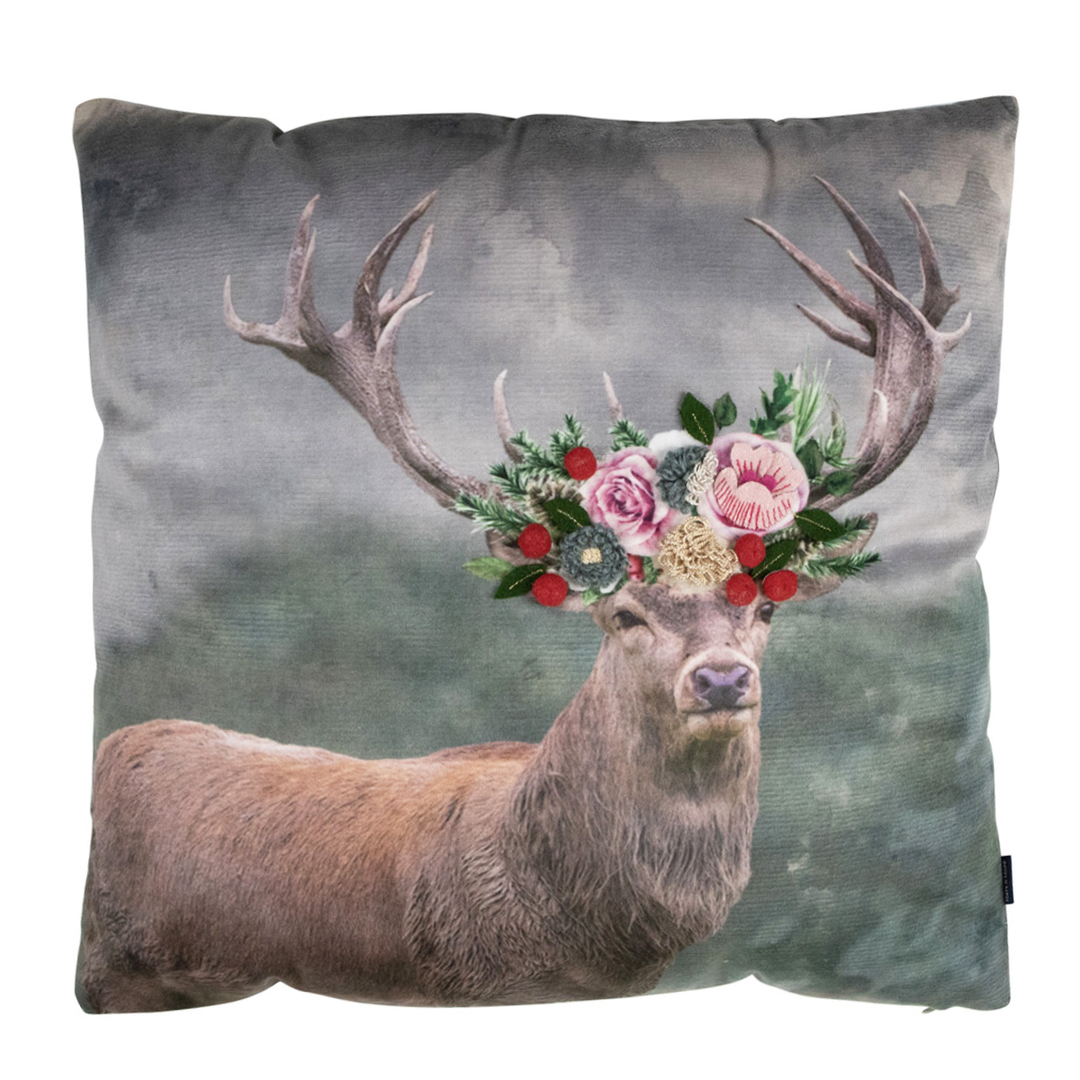 Deko Kissen Hirsch Fleury, Rotwild mit Blumen, 45x45cm, Mars & More