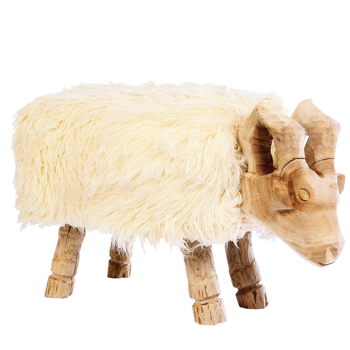 Schaffellhocker Berthold, Holzhocker Schaf, Naturholz-cremeweiß, 45x80cm, WMG Grünberger 