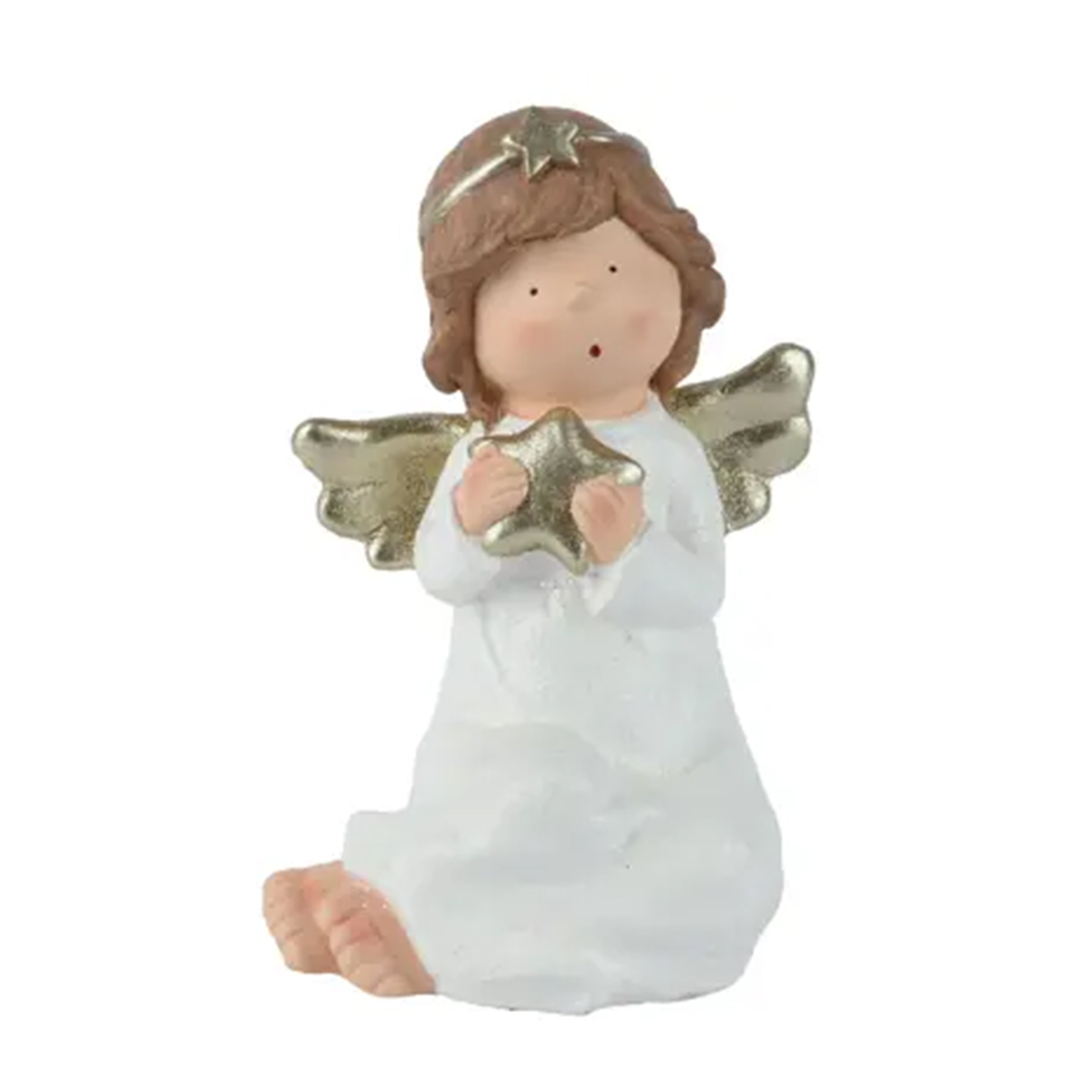 Deko Weihnachtsengel mit Stern, großer sitzender Engel im weißen Kleid, 32cm