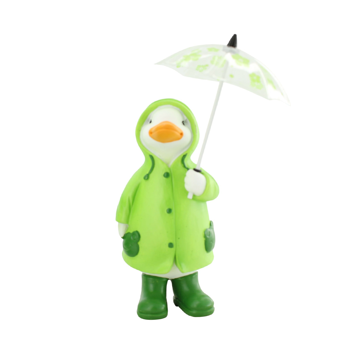 Deko Ente mit Schirm, Polyente im grünen Regenmantel und Gummistiefel, 15cm