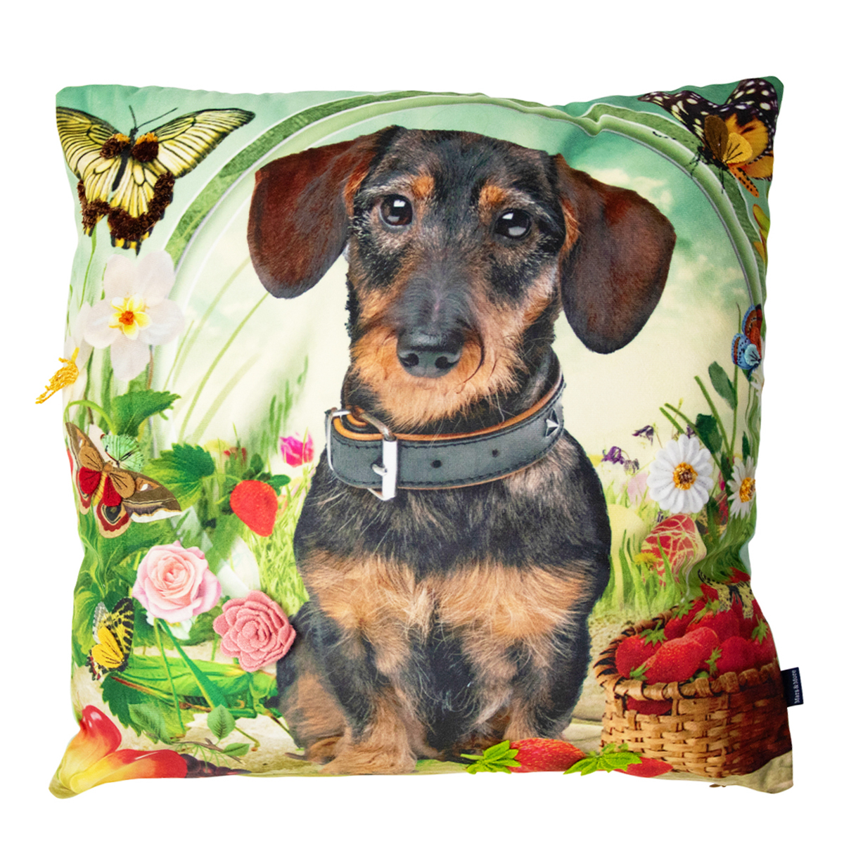 Deko Kissen Hund Fleury, Dackel mit Schmetterling und Blumen, 45x45cm, Mars & More