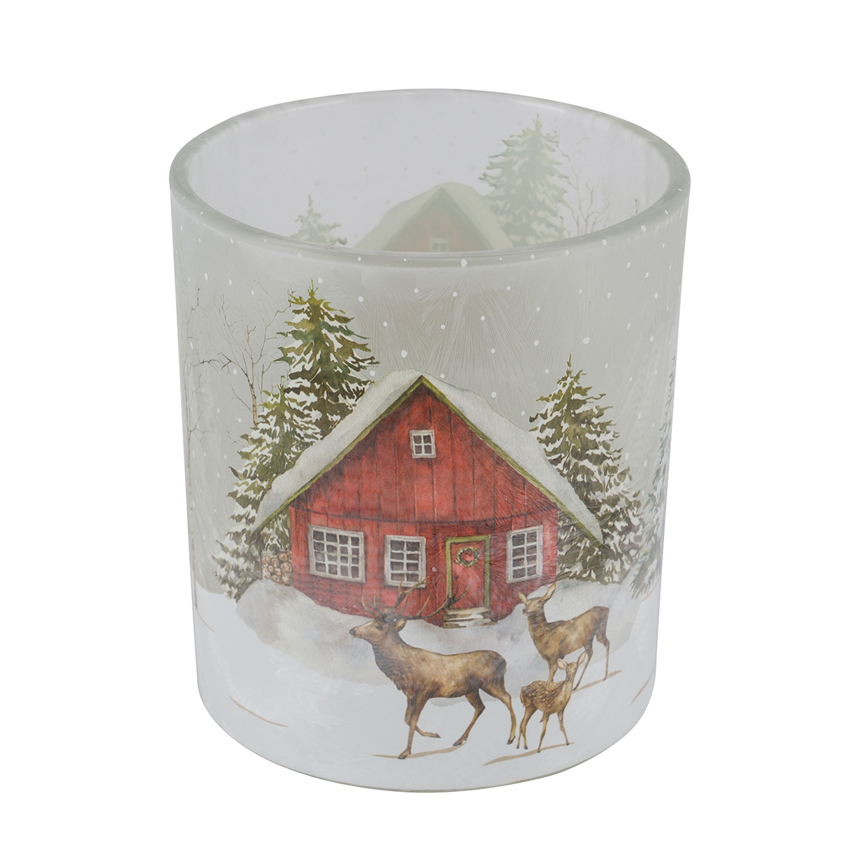 Windlicht Hüttenzauber, Glas Windlicht mit Berghütte, Hirsch und Rehe im Winterwald, 13cm