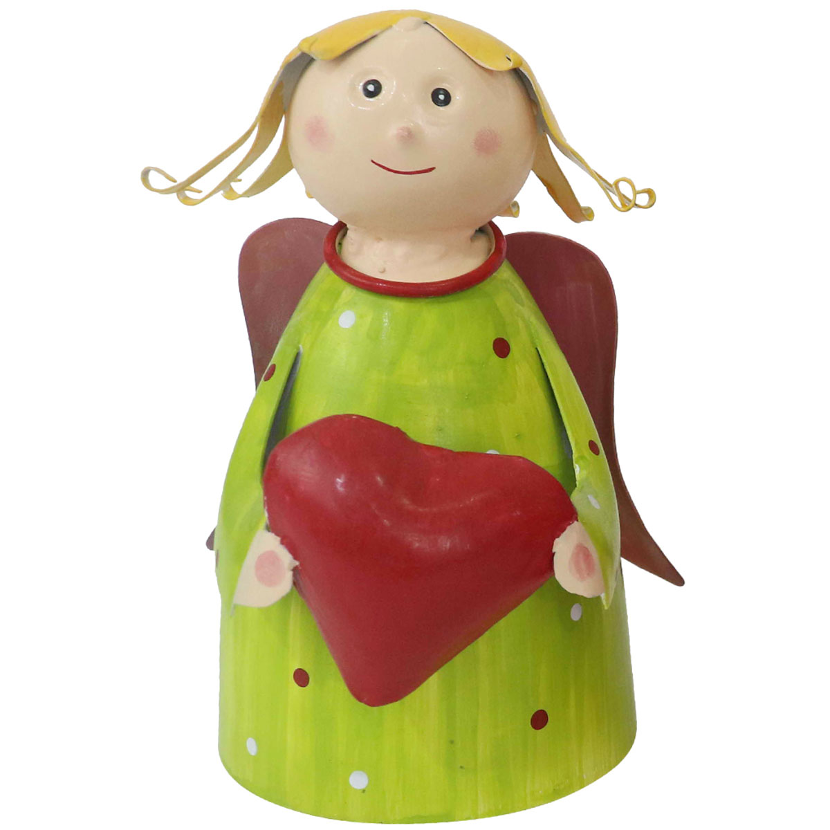 Zaunhocker Engel Schutzengel used look, Metallengel mit Herz und grünem Pünktchen-Kleid, 22cm
