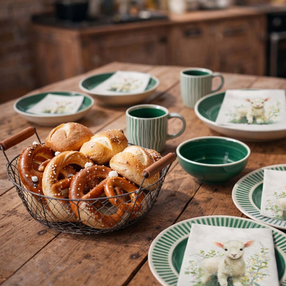 Deko Korb mit Henkel, Drahtkorb rund mit Holzgriffe, 31cm