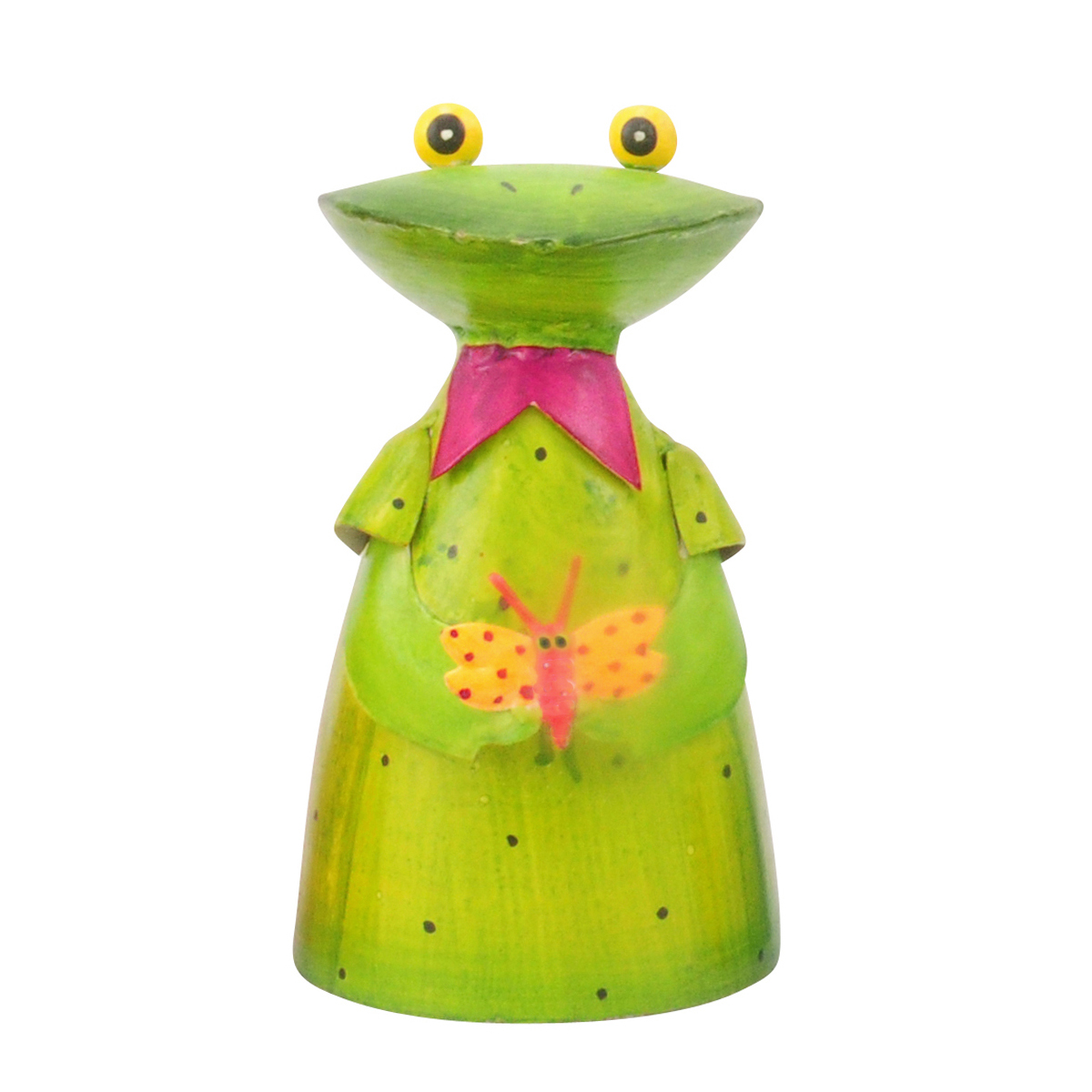 Zaunhocker Frosch mit Schmetterling, Metallfrosch grünes Kleid und Schmetterling, 18cm