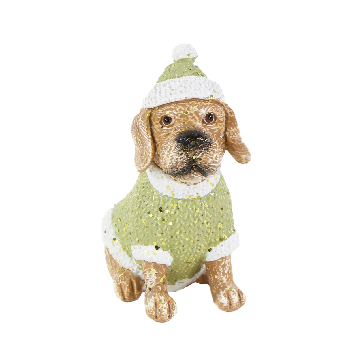 05141_01J64BFATGY7QWXYA2F4EPZ96McyMmpv5jMt42g Deko Hund Winter, Hund mit Pulli und Pudelmütze, braun-grün, 14cm