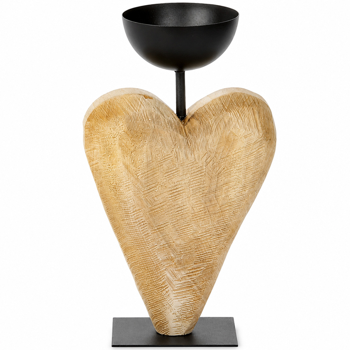 Deko Windlicht Holzherz mit Schale, Naturholz-Herz sägerau, 31cm, WMG Grünberger