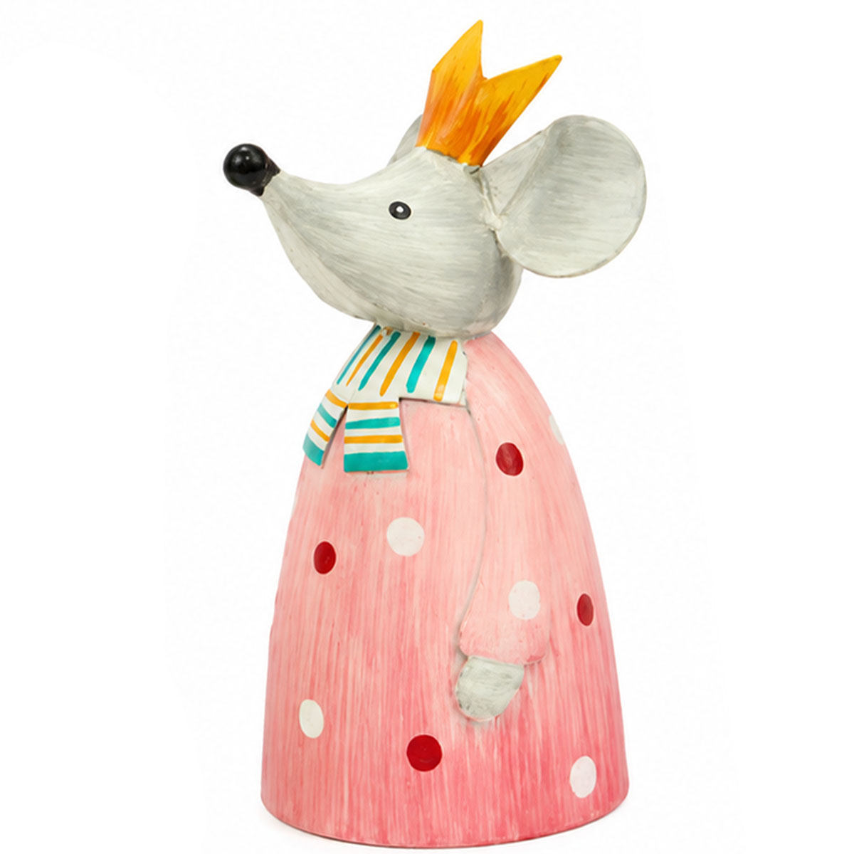 Zaunhocker Maus mit Krone used look, Metallmaus mit rosa Punkte-Kleid, 22cm