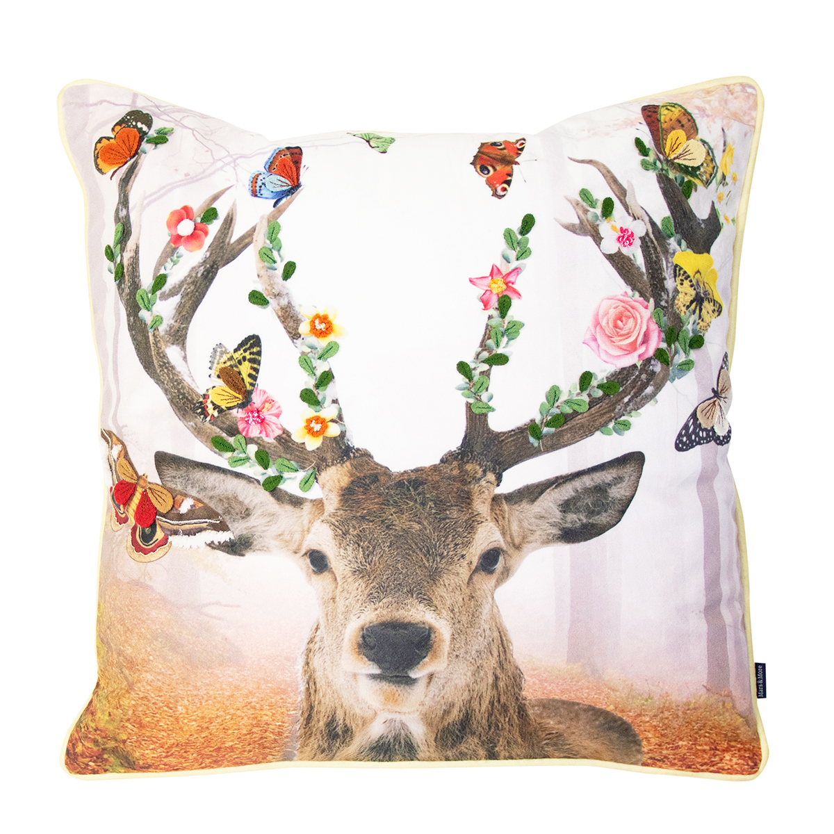 Deko Kissen Hirsch Fleury, Hirsch mit Blumengeweih und Schmetterlinge, 45x45cm, Mars & More