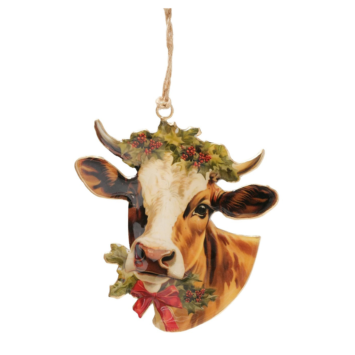 Weihnachtshänger Kuh Vanas, Emaillehänger Rind mit Schleife und Mistelkranz, Boltze Home Collections