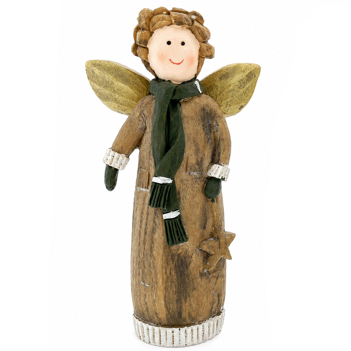 Deko Engel, Weihnachtsengel in Holzoptik mit grünem Schal und Handschuhe
